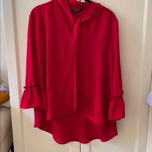 Zara red bow blouse with drop hem